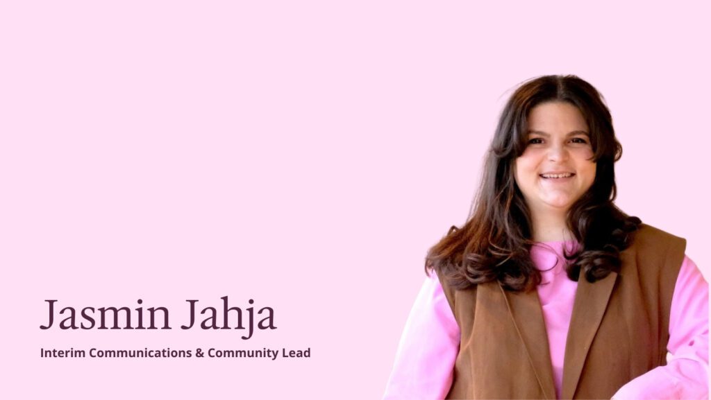 Portrait of Jasmin Jahja, a smiling brunette woman with the text Jasmin Jahja Interim Communications & Community Lead